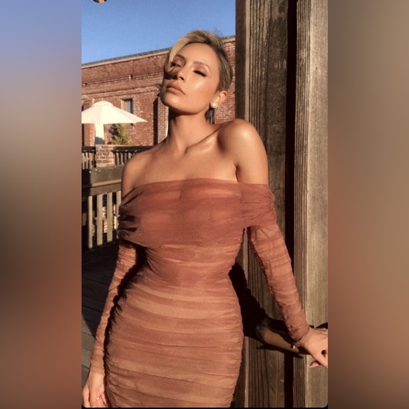 House of CB Anais Chestnut Tulle Ruched Off Shoulder Ruched Dress Medium - Picture 3 of 15